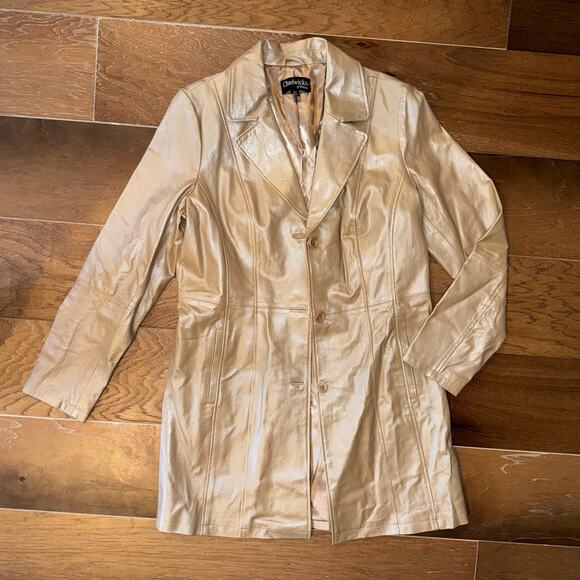 Vintage Leather Trench Chadwick's of Boston Metallic Tan Button-Down Coat 12T - Picture 2 of 7